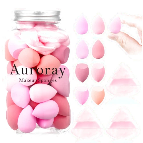 Auroray 36Pcs Mini Makeup Sponges Set Beauty Makeup Blender with 3 Pcs Powder Puff Valentine's Day Gift,Mother's Day Gift for Women for Foundation,Liquid,Powder,Concealer,Cream
