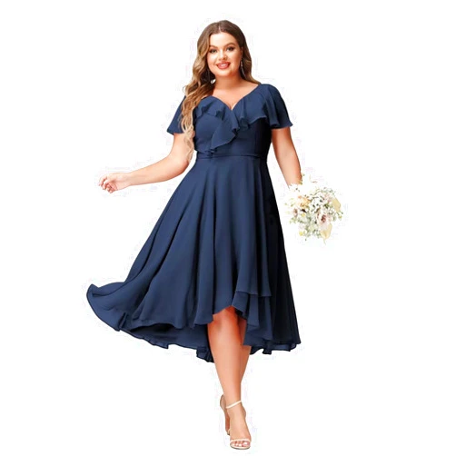 BEAUTFOR Women's V-Neck Ruffle Bridesmaid Dresses Short with Pockets Empire Waist Chiffon Formal Dresses BF19