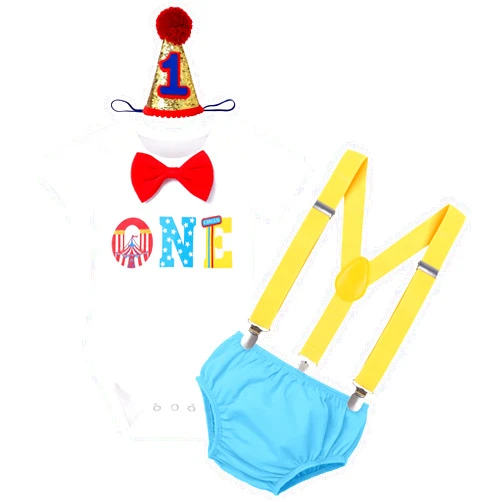 IMEKIS Baby Boy Circus 1st Birthday Cake Smash Outfit Bowtie Romper + Shorts + Suspenders + Headband Carnival for Photo Props