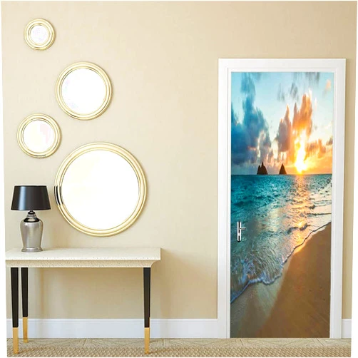 ESFVRG Hawaiian Door Stickers murals Removable, Scenic Sunrise Over Ocean Rocks Sand Clouds Sunshine Tide Sunbeam Seashore, Door Wall Mural Home Decor Door Wallpaper, W23.6 x L35.4 Inch Turquoise Yellow