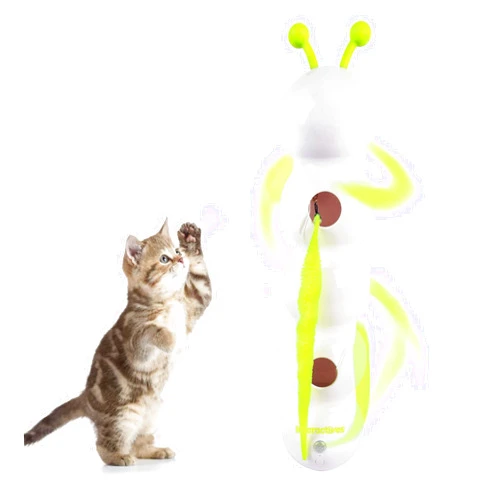 ALL FOR PAWS Interactive Cat Feather Toy, Caterpillar Cat Toy Automatic Fluffy Tail Teaser with Motion Sensor, USB Rechargeable, Suction Cup for Stable Play, Perfect for Indoor Cats