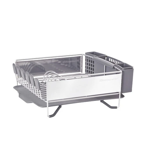 KitchenAid Compact Space Saving, Dish Rack with Removable Flatware Caddy and Angled Self Draining Drainboard, Satin Gray, 15-Inch-by-13.25-Inch
