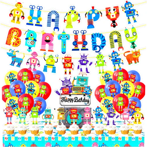 IPartyFun Robot Birthday Party Decorations Robot Happy Birthday Banners Robot Cupcake Toppers Robot Cake Toppers Balloons Tablecloth for Birthday for Boys Gear Robot Party Supplies