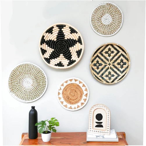 Crutello Wall Baskets, Bamboo Basket Wall Decor Set, Wicker Hanging Woven Tray Basket Set of 5, Seagrass Flat Baskets, Boho Rattan Wall Decor for Home Living Room - Sol