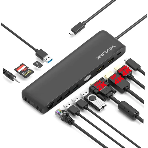 WAVLINK USB C Docking Station,12-in-1 Triple Display Type C Adapter(HDMI,VGA,DisplayPort,Ethernet,USB 3.0/2.0,SD/TF Card Reader,Audio,100W PD3.0) for MacBook Pro,Dell XPS 13/15,HP,Lenovo Yoga