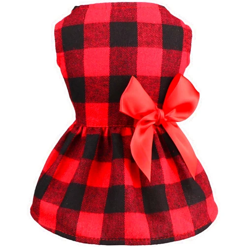 Jamktepat Buffalo Plaid Dog Dresses Cute Bowtie Dog Clothes Cotton Soft Dog Christmas Outfit Dog Costume for Small Dogs Cat Apparel (S)