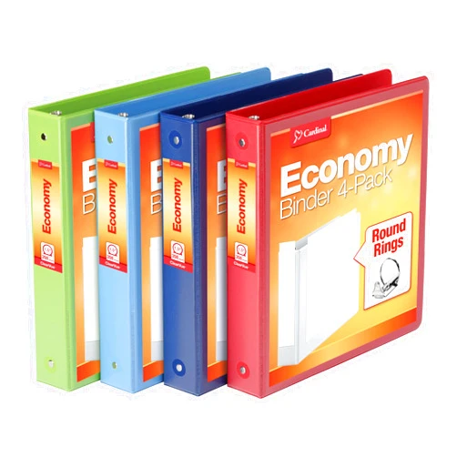 Cardinal 3 Ring Binders, Round Rings, Holds 350 Sheets, ClearVue Presentation View, Non-Stick, Assorted Colors (79550), 1.5 Inch (Pack of 4)