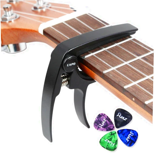 JAZ Ukulele Capo Aluminium Alloy Clamp for 4 Strings Uke Soprano Concert Tenor Baritone Light Weight Ukulele Clamp with Free Guitar Picks (Black)