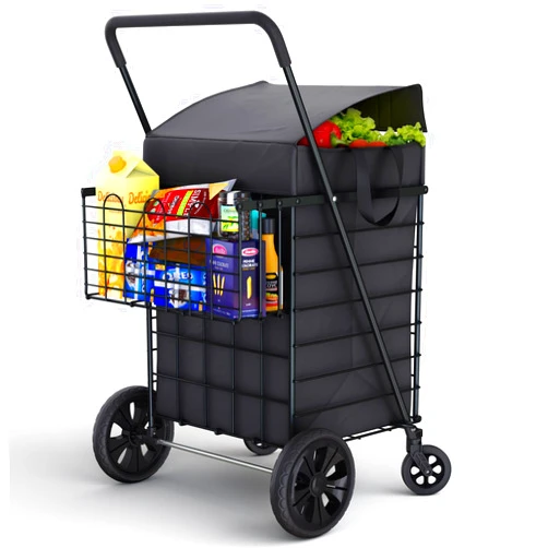 Our Modern Space Shopping Cart w/Waterproof Basket Liner & 360° Swivel Wheels | Foldable Collapsible & Lightweight | Perfect for Groceries Laundry Utility Cart - Black