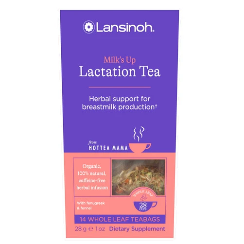 Lansinoh + HotTea Mama Milk's Up, Breastfeeding and Lactation Support Tea, Fenugreek, Fennel, Anise Seed, Caffeine-free, Sugar-Free, Postpartum Essentials for New Moms, Includes 14 Tea Sachets