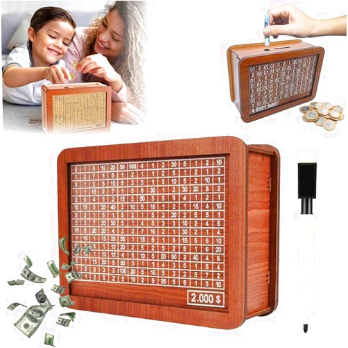 Finndeen Cash Vault Wooden Savings Box, Cash Wooden Money Savings Challenge Box, Adult Cash Storage Box with Counter with Numbers Ticks, Reusable Vintage Style Wooden Money Box for Boys and Girls ($2000)