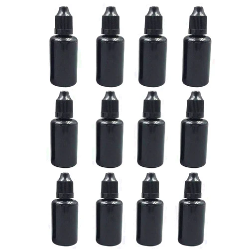 XUMIN 12PCS 30ml/1oz Empty Black Plastic Squeezable Eye Liquid Dropper Bottles Vials Sample Packing Storage Container with Screw Cap and Plug for Eye Drops Saline Essential Oil
