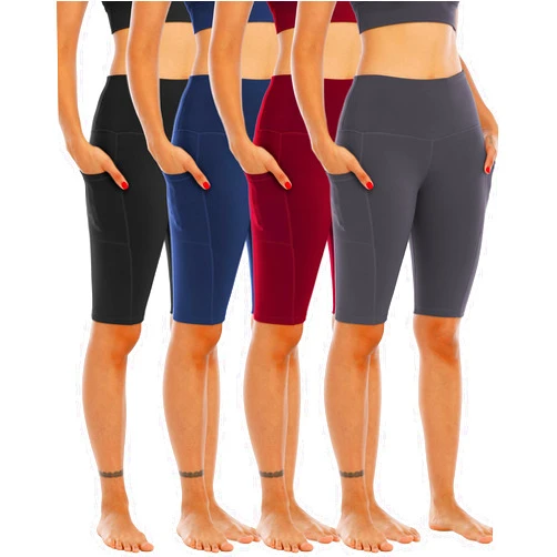 WHOUARE 4 Pack Biker Yoga Shorts with Pockets for Women,High Waisted Athletic Running Workout Gym Shorts Tummy Control