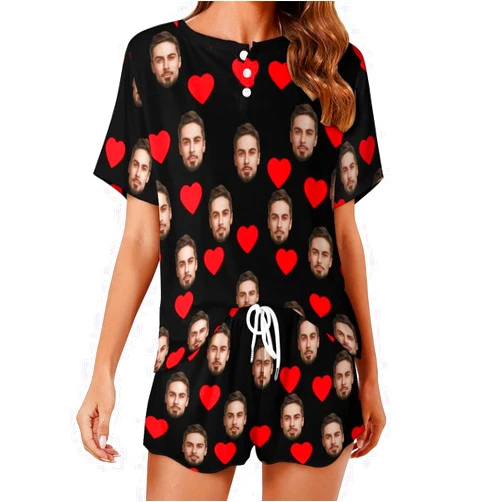 Artsadd Custom Short Pajamas Set With Photo, Women Personalized Lounge Set, Funny Face Printed Sleepwear, Soft Tracksuit Gift