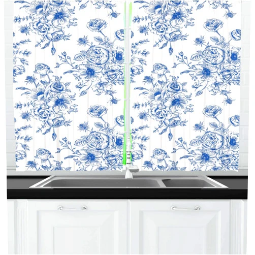 Ambesonne Anemone Flower Long Kitchen Curtains, Floral Pattern with Bouquet of Blue Flowers Delicate Victorian Design, Two Panels Drapes with Rod Pocket Room Decor, 55