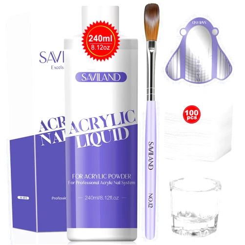 Saviland EMA Monomer Acrylic Nail Liquid 8oz: Low Odor EMA Nail Brush Size 12 for Acrylic Powder with Nail Forms Dappen Dish Cleaning Pads Acrylic Nail Tools for Beginners DIY Nail Extension