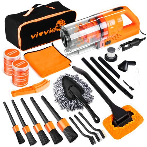 Vioview Car Detailing Kit Interior Cleaner, 17Pcs Car Cleaning Supplies with High Power Portable Car Vacuum, Detailing Brush Set, Windshield Cleaner, Orange Car Accessories for Women Men Teens Kids