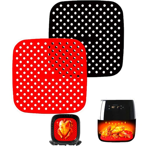 Rotkeym 7.5 Inch Square Reusable Air Fryer Liners, Non-Stick Air Fryer Mat, Perforated Air Fryer Silicone Accessories, BPA Free Easy to Clean、Black+Red 2-Pack