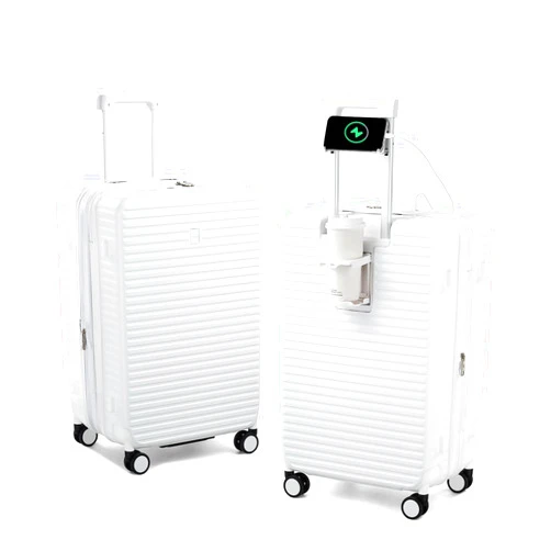 HanTrip Hard Shell Suitcases Travel Expandable Luggage, 24 Inch Check in Luggage with Spinner Wheels Cup Holder Charger Built in, Checked Medium Suitcase Lightweight Suitcases, White