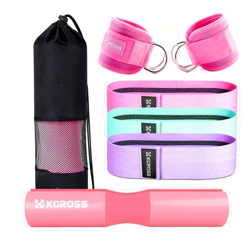 Kcross Barbell Squat Pad for Standard Set, Work Out Set Gym Equipment Accessories for Women, 7Pcs Barbell Pad for Hip Thrust with 2 X Gym Ankle Straps & 3 X Booty Resistance Bands & 1X Carry Bag