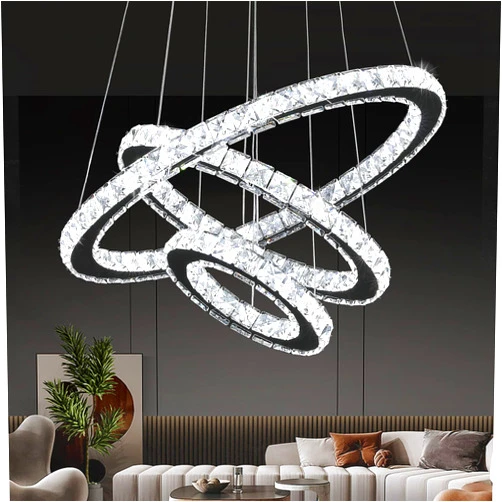 Buccleuch Modern Crystal Chandelier, Dimmable LED Pendant Light Fixture 3-Ring Adjustable Stainless Steel Ceiling Light, Silver Crystal Chandeliers for Dining Room, Bedroom, Living Room - ETL Listed