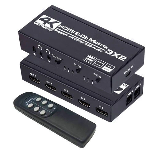 Anber-Tech HDMI Matrix 3x2, 4K HDMI Matrix Switch 3 in 2 Out Switcher Splitter Box with EDID Extractor and IR Remote Control, Support Ultra 4K HDR, 4Kx2K@60Hz, 3D/1080P，HDMI 2.0b, HDCP 2.2