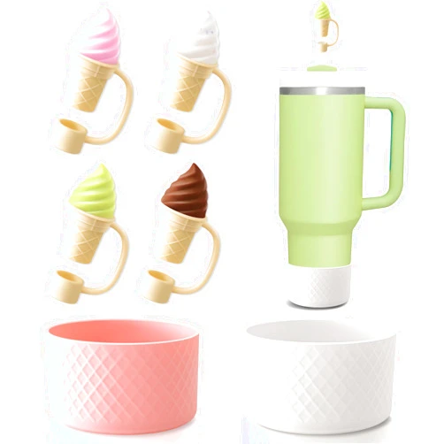NGTTXTX Stanley Cup Accessories Set - 4Pcs Silicone Straw Covers Cap And 2Pcs Protective Silicone Boot For Stanley Cup 30 oz 40 oz & Simple Modern Tumblers (Ice Cream - 4Pcs & White - 1Pcs & Pink - 1Pcs)