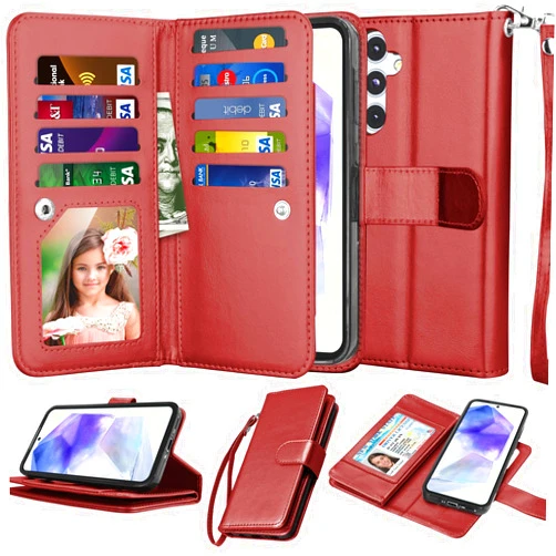 Njjex Wallet Case for Samsung Galaxy A35 5G/ Galaxy A55 5G, For Samsung Galaxy A35 5G/ A55 5G Case [9 Card Slots] PU Leather Card Holder Folio Flip [Detachable] Kickstand Magnetic Phone Cover -WineRed