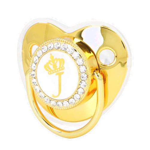 Drfeify Baby Pacifier,Rhinestone Night Pacifier with Chain Clip,Portable Exquisite Golden Crown Letter Cute Pacifier for Infant (J)