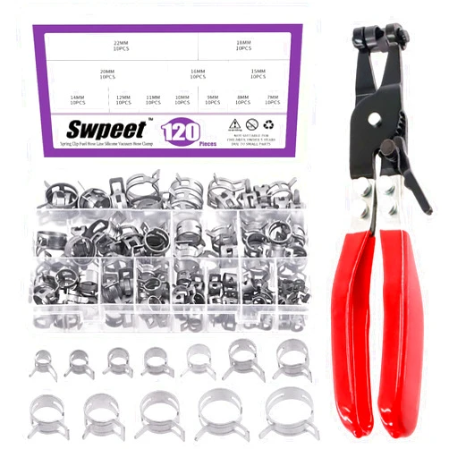 Swpeet 121Pcs 7-22mm Dacromet Spring Band Hose Clamps with Swivel Flat Band Fuel Hose Clamp Plier Assortment Kit, Silicone Vacuum Hose Action Pipe Clamp Low Pressure Air Clip Clamp for Hose Clamps
