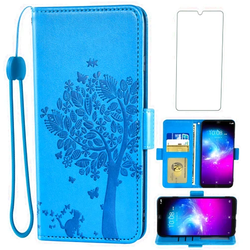 Asuwish Compatible with ZTE Blade A5 2020 Wallet Case and Tempered Glass Screen Protector Flip Purse Accessories Wrist Strap Credit Card Holder Stand Cell Phone Cover for A 5 5A 2020 4G LTE Men Blue