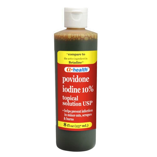 A+Health Povidone Iodine 10%, First Aid Antiseptic, 8 Fluid Ounces, Topical Solution USP, Helps Prevent Infection in Minor Cuts, Scraps and Burns, Wound Care, Made in USA, Wound Care
