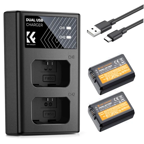 K&F CONCEPT NP-FW50 Battery and Dual Slot Charger for Sony ZV-E10 A6500 A6400 A6300 A6000 A7 A7II A7RII A7SII A7S A7R A7R2 NEX-3 NEX-5 Cameras