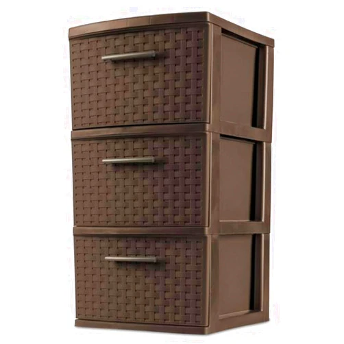 Sterilite 3 Drawer Wicker Weave Decorative Storage Organization Container Cabinet Tower with Driftwood Handles, Espresso (4 Pack)