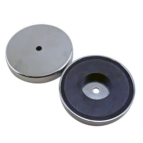 Master Magnetics Ceramic Round Base Magnet Fastener - 3.20'' Diameter, 0.445'' Thick., 0.270'' Center Hole, 95 lb Pull, Nickel-Plated, Pack of 2, RB80PRCX2