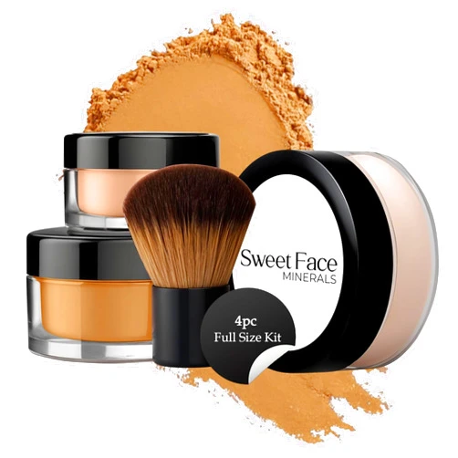 Sweet Face Minerals 4pc Full Size Kit (Deep Tan) Mineral Makeup Matte Translucent Loose Foundation + Kabuki Brush + Concealer + Finishing Setting Powder + Bare Face Full Coverage SPF 30 All Skin Types Waterproof