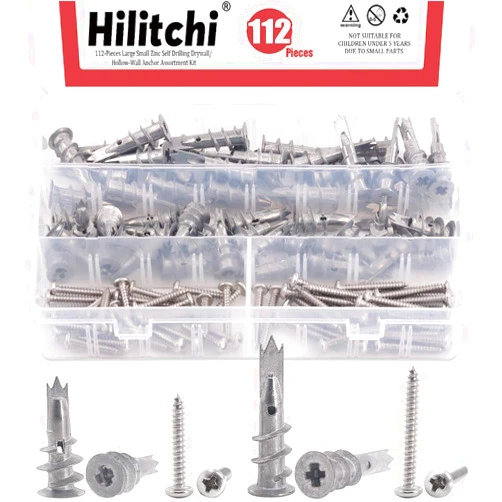 Hilitchi 112-Pieces Large Small Zinc Self Drilling Drywall/Hollow-Wall Anchor Assortment Kit