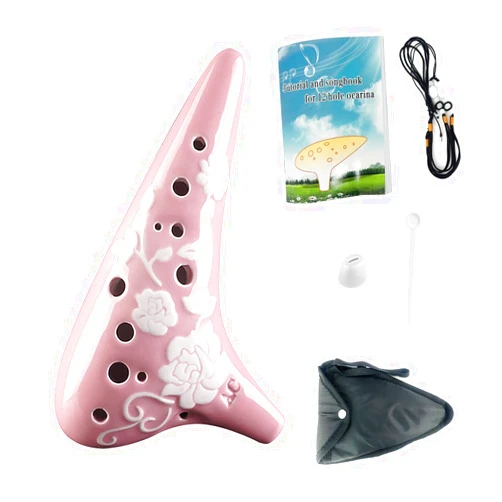 Pures Rose Flower Ocarina 12 Hole Alto C Relief Pattern AC Tone Ceramic Instrument (Pink)
