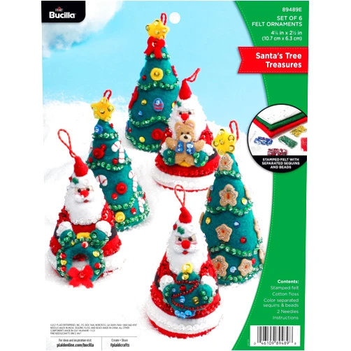 Bucilla Felt Applique 6 Piece Ornament Making Kit, Santa's Tree Treasures, Perfect for DIY Arts and Crafts, 89489E