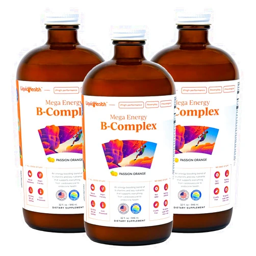 LIQUIDHEALTH Mega Energy Methylated B-Complex, Adult Liquid Vitamin Supplement - Increase Energy, Relieve Stress & Fatigue, Immune System Support, Heart & Gut Health - Vegan, Sugar-Free (3 Pack)