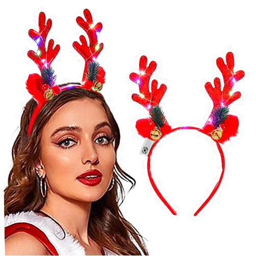 Aceorna Light Up Christmas Headbands LED Glowing Reindeer Antlers Hair Hoop Glitter Luminous Xmas Deer Hairbands for Women