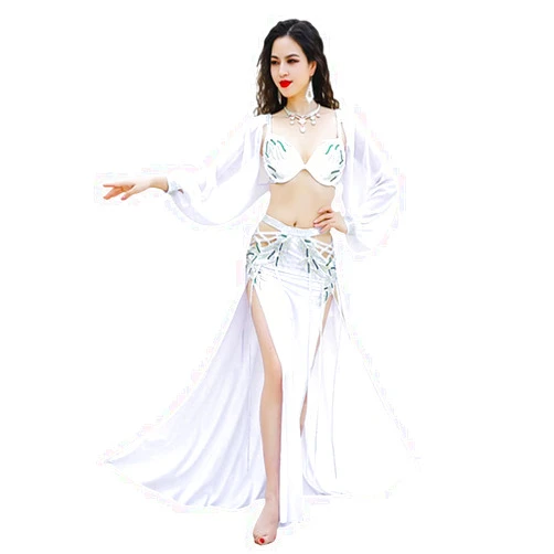 Alwinesd Women Belly Dance Bra Skirt Dancing Chiffon Professional Clothing 3 Pieces Competition Red