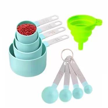 Newegger Measuring Cups and Spoons Set, Newegger 8Pcs Plastic Measure Cups with Stainless Steel Handle and Silicone Collapsible Funnel, for Dry and Liquid Ingredient (Lake blue)