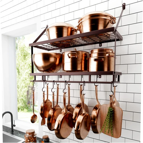 KES 30-Inch Oiled Bronze Pot Rack Wall Mounted, 2-Tier Hanging Pot and Pan Organizer with 12 Sturdy Hooks, Kitchen Wall Hanger Shelves Farmhouse Style, KUR215S75B-OB