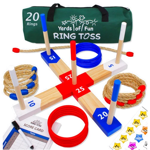 Yards of Fun Wooden Ring Toss Game for Kids, Family & Adults. 20 Rope & Plastic Rings, Scorecard, Stickers, Bag, Start Line. Fully Equipped, Fun Indoor & Outdoor Yard Games Set for Outside, Backyard.