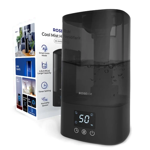 Rosekm Automatic Humidifiers for Bedroom Large Room, 4.5L Cool Mist Humidifier for Home & Plant with Timer & Humidity Sensor, Last Up to 18H on High Setting, Auto Shut-Off, 360° Nozzle (Black)