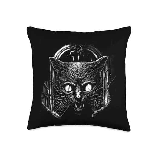 Great Creepy Scary Horror Cat Artwork Illustration Creepy Scary Horror Cat Art Illustration Design Throw Pillow, 16x16, Multicolor
