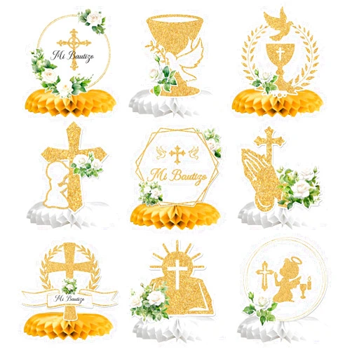 Calarjeta Mi Bautizo Honeycomb Centerpieces, Baptism Party Decor, First Communion Table Decorations, Christening Table Centerpieces, Baby Shower 1st Birthday Party Decorations, 9PCS