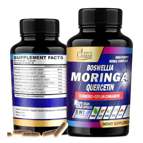 Organic Cadane Moringa Leaf with Turmeric, Boswellia, Quercetin, Ceylon Cinnamon, Holy Basil, Ginger, and Black Pepper - 8in1 Supplements - 90 Veggie Capsules for 3-Month Supply