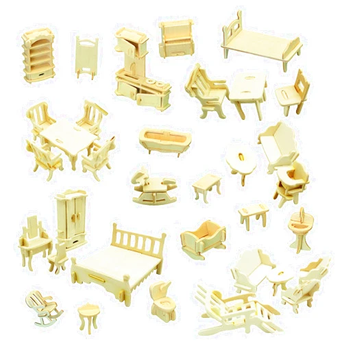Hotmisu Small Furniture,Dollhouse Furniture and Accessories 34PCS Wooden Dollhouse Furniture Set 3D Puzzle Miniature Puzzle Doll House Furniture Kit Puzzle Gift for Kids Teens and Adults